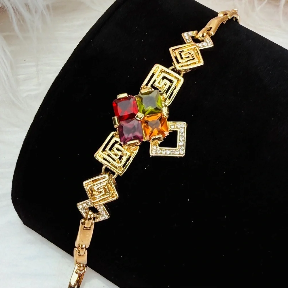 Vintage Geometric Goldtone Bracelet Multicolor Faceted Stones Greek Key Links